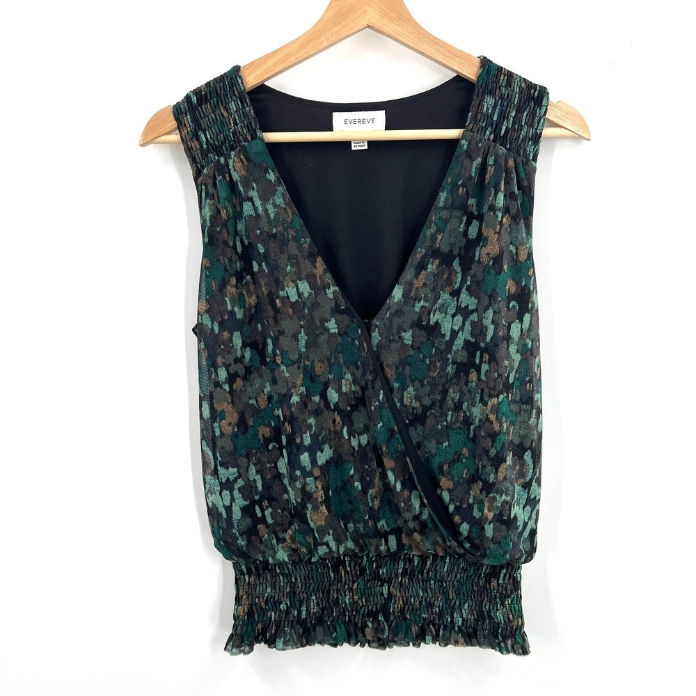 Evereve Jules Mesh Sleeveless Green Top Smocked Waist balloon blouse cute S